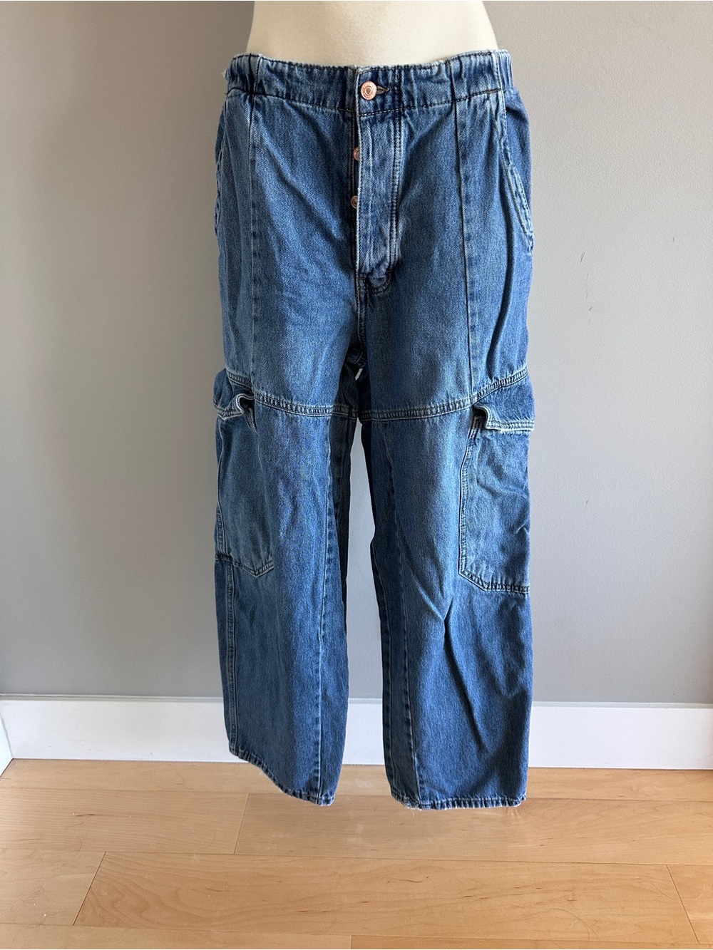 We The Free Medium Blue Wide-Leg Carpenter Jeans with Button Fly
